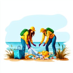 A beautiful beach cleanup event, with volunteers collecting and sorting plastic waste