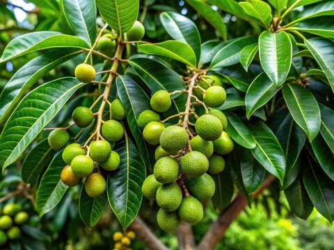 The camera zooms in on a lush kasoy tree, its vibrant green leaves a backdrop for a profusion of colorful fruits growing in abundance on its sturdy branches.