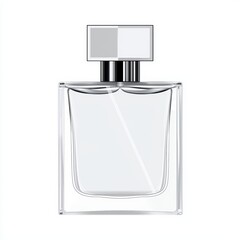 A clear glass perfume bottle with a spray nozzle