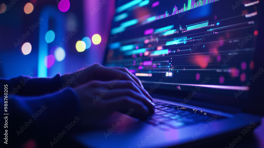 Poster a person coding on a laptop with colorful screen data and blurred lights in the background at night
