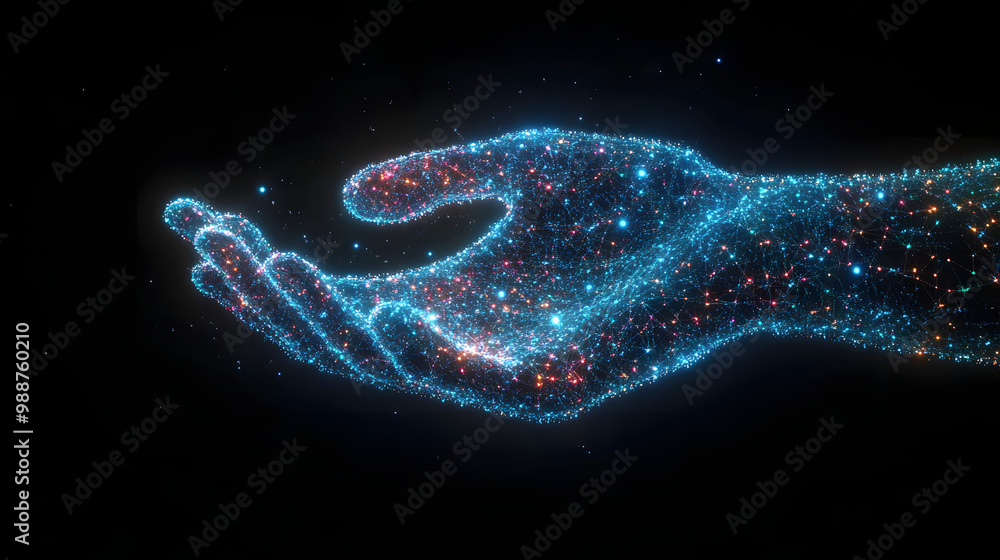 Poster digital hand hologram representing communication with artificial intelligence and neural network con
