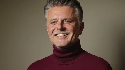 Obraz premium Confident Mature Man with Charming Smile in Maroon Turtleneck