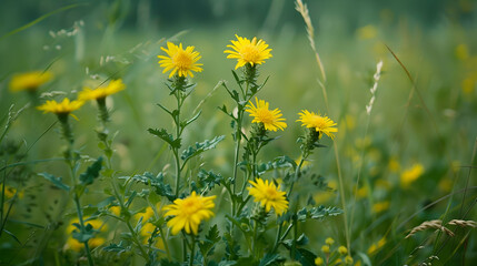 Vibrant Yellow Wildflowers in a Lush Green Meadow