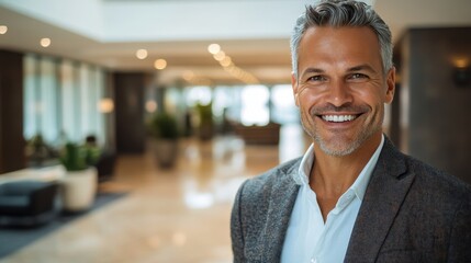 Obraz premium Confident Businessman Smiling in Modern Office Lobby