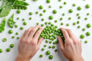Hands holding fresh green peas on white background.