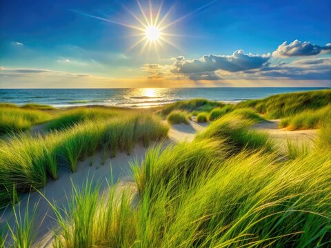 The ocean's gentle whisper carries through rolling hills of emerald grass, embracing sun-warmed Henlopen's tranquil atmosphere.