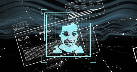Image of biometric photo, digital data processing over screens and connections