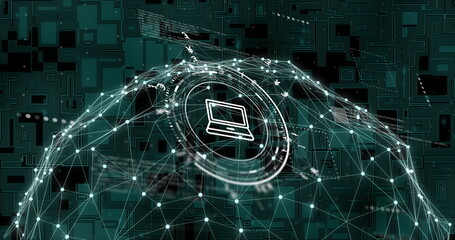 Image of laptop icon and data processing over network of connections and globe