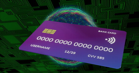 Image of digital data processing over credit card and globe