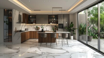 3d rendering scandinavian vintage modern kitchen with dining area 