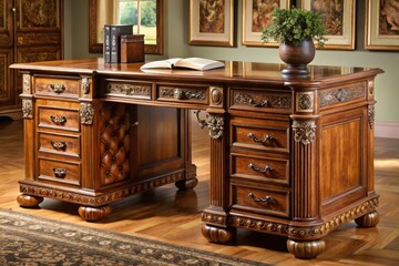 * This exquisite writing desk boasts multiple drawers and a cabinet, elegantly adorned with intricate carvings and a richly polished finish, exuding sophistication and refinement.