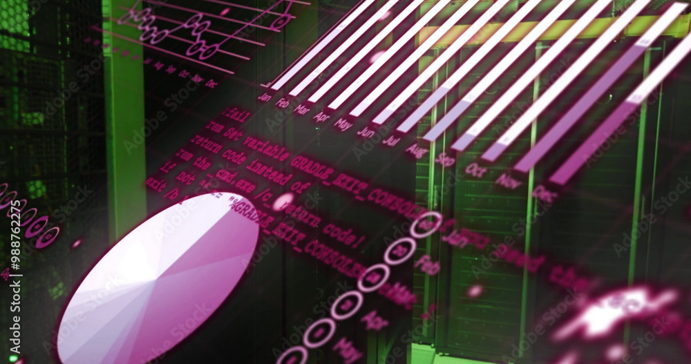 Poster data processing image over server racks with monthly timeline and code