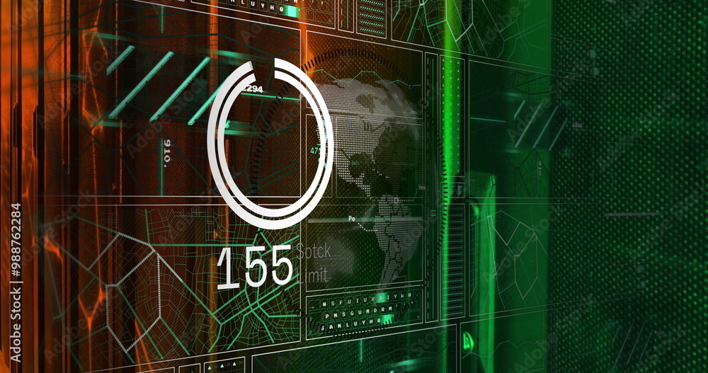 Poster digital data processing over image of world map and geometric patterns