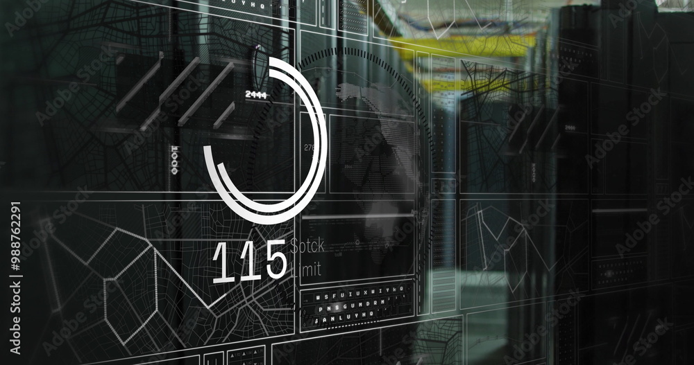 Poster digital data processing and analytics over server room with world map and graphs