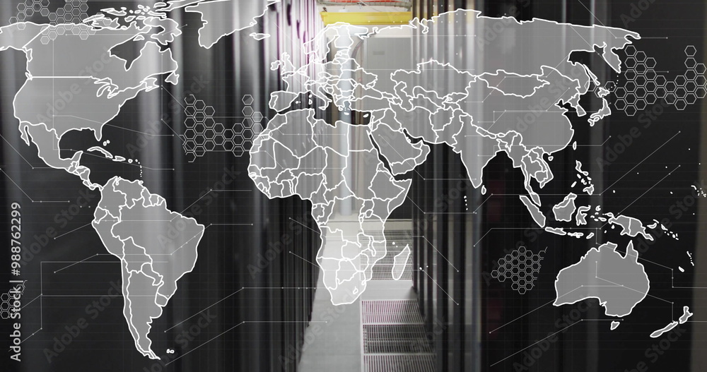 Poster world map image over data center servers in hallway