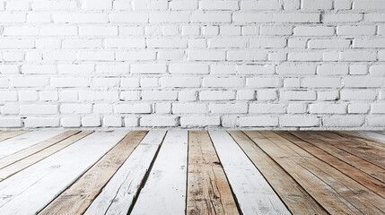 Fototapeta premium minimalist empty room with a white brick wall and wood floor, providing a clean and sophisticated setting for product presentations and displays
