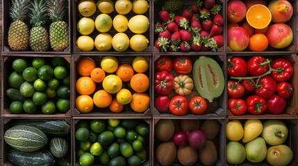 A vibrant display of colorful fruits and vegetables arranged in wooden boxes
