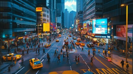 Obraz premium A busy city intersection surrounded by skyscrapers, with people crossing the streets and traffic moving, highlighting the vibrant energy of the downtown area.