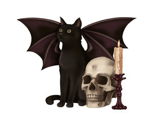 Winged black cat with human skull and candle Halloween composition. Hand drawn scary illustration in cartoon style. Isolated drawing perfect for autumn graphic and spooky season card designs.