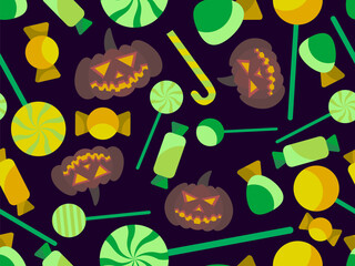 Pumpkins and candies seamless pattern. Halloween carved pumpkin with candies and lollipops. Jack-o-lantern, trick or treat. Design for wallpapers, wrappers, covers and banners. Vector illustration