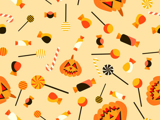 Obraz premium Pumpkins and candies seamless pattern. Halloween carved pumpkin with candies and lollipops. Jack-o-lantern, trick or treat. Design for wallpapers, wrappers, covers and banners. Vector illustration