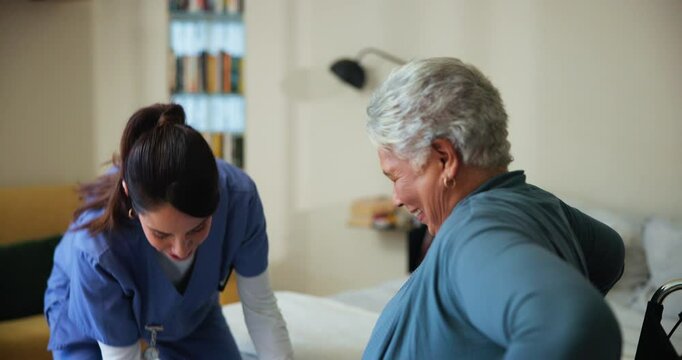 Nurse, senior woman and help in home for support, health or community care. Medical caregiver, retirement or geriatric patient with disability in rehabilitation for recovery, healing or holding hands