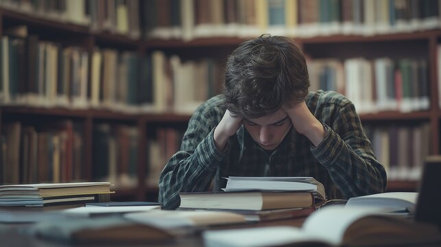 student with problems or stress at the desk in library genarative ai
