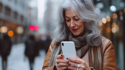 beautiful mature woman with grey hair looking at her smartphone in a lively city center, illustrating confidence and modern living