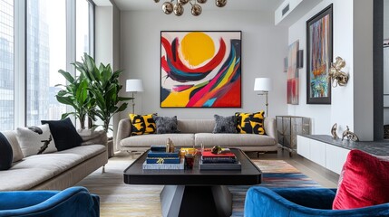 A chic urban living room with modern furniture, bold artwork, and stylish decor, reflecting a contemporary lifestyle in a vibrant city setting.