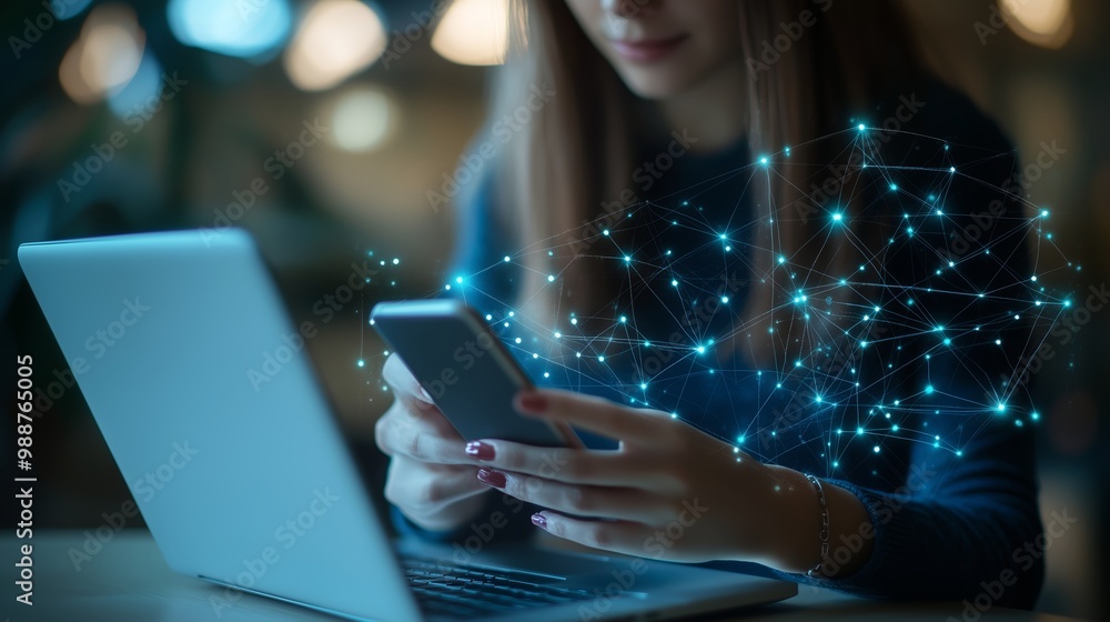 Poster person using a smartphone while working on a laptop, surrounded by digital connections in a modern w