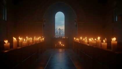 Fototapeta premium A row of lit candles illuminates the dim interior of a dark church during twilight, creating a serene and peaceful atmosphere with flickering flames casting soft shadows