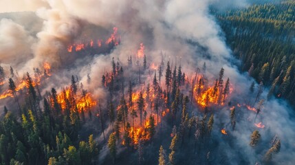 Fototapeta premium A forest fire is raging through a forest, with smoke billowing into the sky