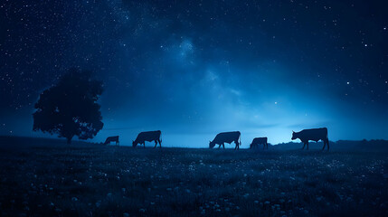 Cows Grazing Under a Starry Night Sky
