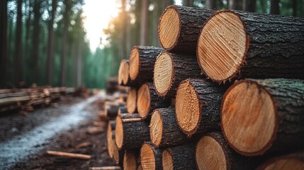 organized stack of lumber logs in a serene forest environment, emphasizing the sustainable practices in forestry and timber production
