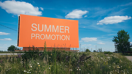 Orange billboard with white text, Summer Promotion, against a blue sky with white clouds,  evoking a sense of excitement and opportunity for summer sales. 
