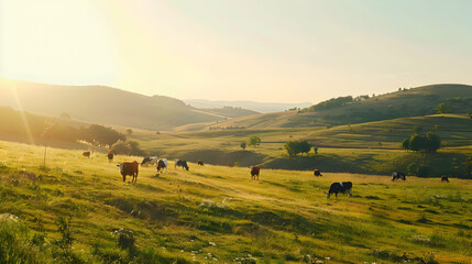 Obraz premium Cattle Grazing in a Sunlit Meadow with Rolling Hills