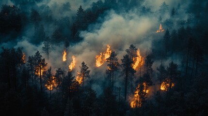 A forest fire is raging through a forest, with smoke billowing into the sky