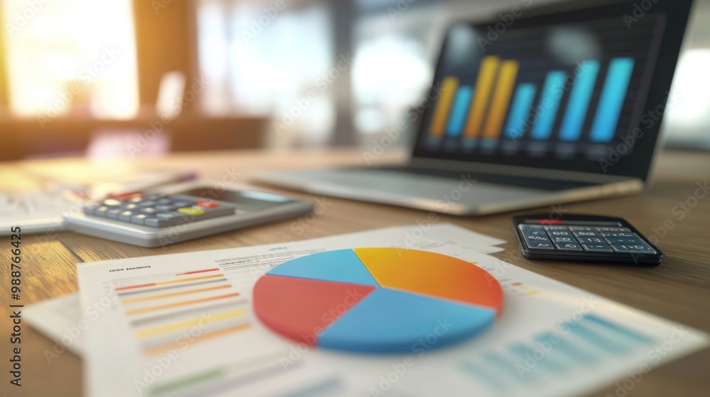 Poster a close-up of a colorful 3d pie chart displayed on a laptop screen, with financial documents and a c