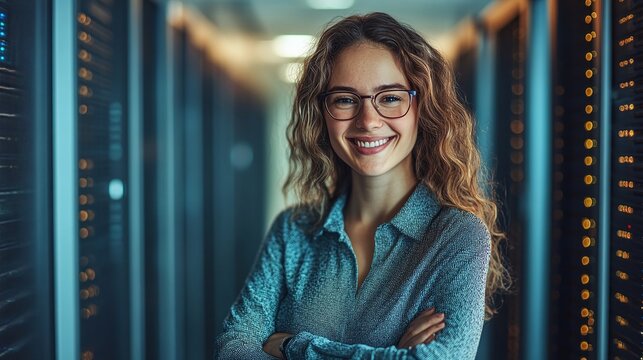 portrait of a smiling professional young female IT network administrator standing in a server room, embodying confidence and expertise in network management