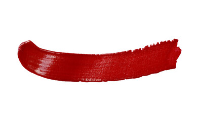 Close up vibrant red paint stroke set against with transparent image of PNG format extension.