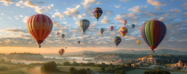 Fototapeta premium A breathtakingly detailed and realistic image of a sky filled with vibrant hot air balloons, floating gently above a picturesque landscape
