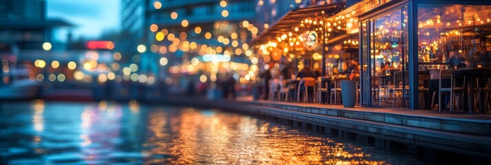 Vibrant waterfront dining scene, illuminated eateries, shimmering water reflections, inviting atmosphere, soft focus background