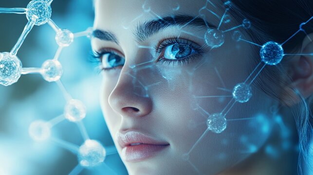 portrait of a woman&rsquo;s face against a molecular structure background, highlighting the intersection of beauty and science in a visually stunning representation