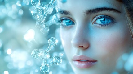 portrait of a woman&rsquo;s face against a molecular structure background, highlighting the intersection of beauty and science in a visually stunning representation