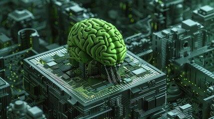 A green brain on top of an electronic box surrounded by other electrical components