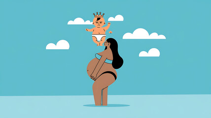 Blue and white illustration of a pregnant woman dreaming of her baby in a crown,  maternity, anticipation, and new life. 
