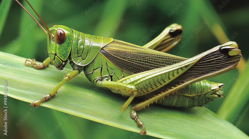 Poster a close-up of a grasshopper resting on a blade of grass, highlighting its vibrant green color and th