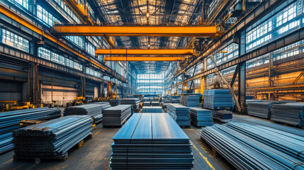 Obraz premium Steel fabrication facility with stacked materials and overhead cranes during golden hour
