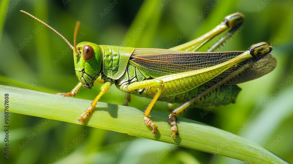Poster A close-up of a grasshopper resting on a blade of grass, highlighting its vibrant green color and the intricate patterns on its wings