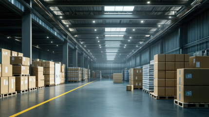 Obraz premium A spacious warehouse filled with stacked cardboard boxes and wooden pallets under bright overhead lights during the daytime